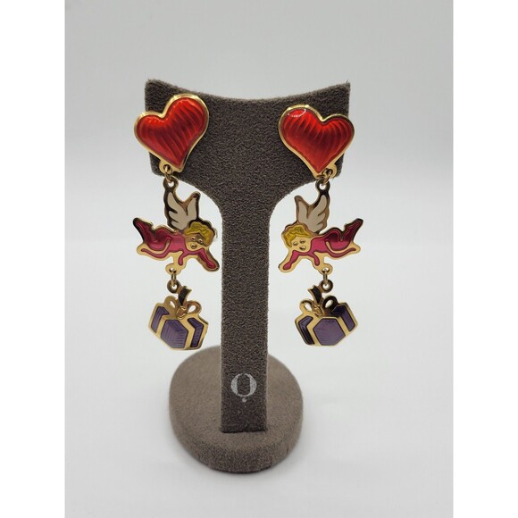 Berbei Long Cherub heart and present dangle Pierced Earrings - Picture 3 of 9